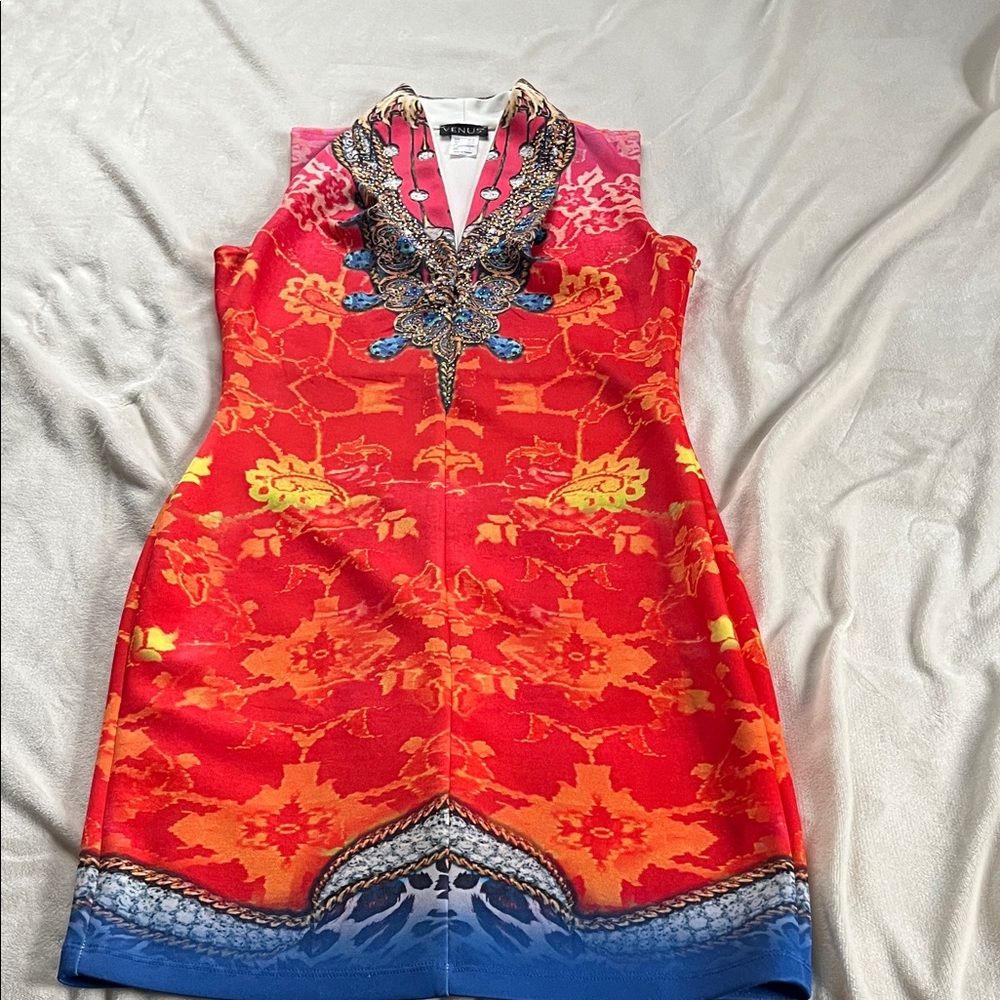 VENUS Red and Blue Patterned Mini Dress